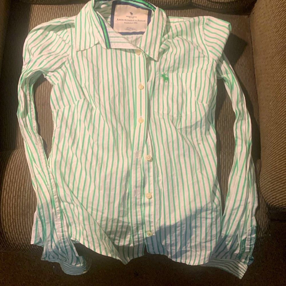 ⭐️ Abercrombie & Fitch AF Green White Striped Button Down Long Sleeved Tee XS